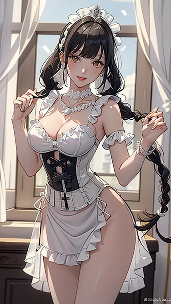 (((masterpiece, super high resolution, ultra HD, 8K quality))), (((((woman in shining white colored corset dress))))), (((See-through revealing dress))), (((((shining Black Hair, braided pigtails))))) , (((beautiful sparkling yellow eyes, pupils with highlights))), ((bangs bangs)), pink lips, sexy expression, ((highly detailed)), (perfectly detailed face), (detailed and carefully drawn hands), (((very Big Tits))), (((charming smile))), photorealistic image, silver tiara and earrings, pearl necklace, jade bangle, diamond ring, Beautiful figure from the knees up, standing, beautiful pose