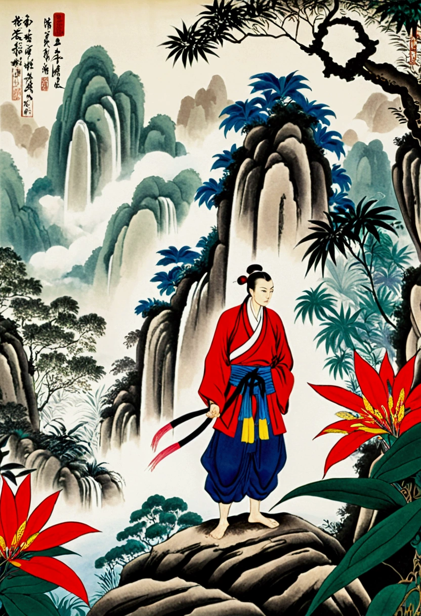 Jungle Adventurer, full body, by Qi Baishi, cinematic still, (best quality, masterpiece), very aesthetic, perfect composition, intricate details, ultra-detailed, vivid colors