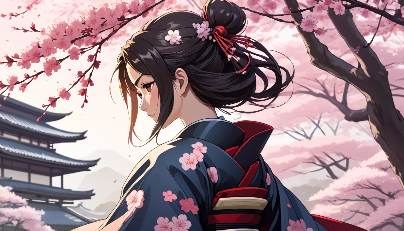 Female samurai,Background is cherry blossoms and Japanese garden,Japanese anime style