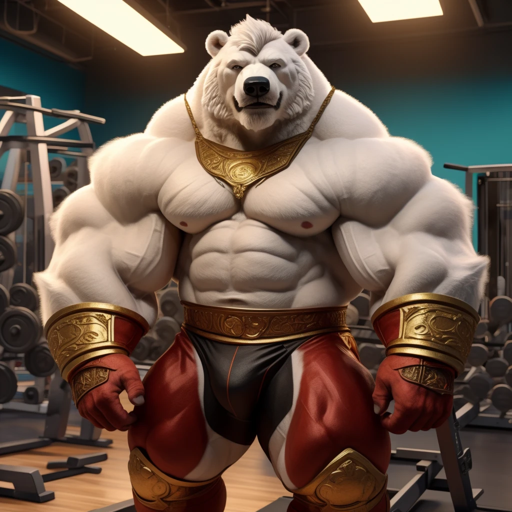 A huge muscular white polar bear, shirtless and topless, with short white hair, a white beard, and a white mustache, wearing a pair of black competitive briefs that has a gold waistband, and two golden sashes, in a gym fitness center background, looking at the viewer and acting all bulky, masterpiece, best quality, 8k, highres, photorealistic, studio lighting, extremely detailed, physically based rendering, vivid colors, correct anatomy