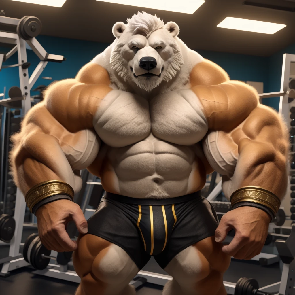 A huge muscular white polar bear, shirtless and topless, with short white hair, a white beard, and a white mustache, wearing a pair of black competitive briefs that has a gold waistband, and two golden sashes, in a gym fitness center background, looking at the viewer and acting all bulky, masterpiece, best quality, 8k, highres, photorealistic, studio lighting, extremely detailed, physically based rendering, vivid colors, correct anatomy