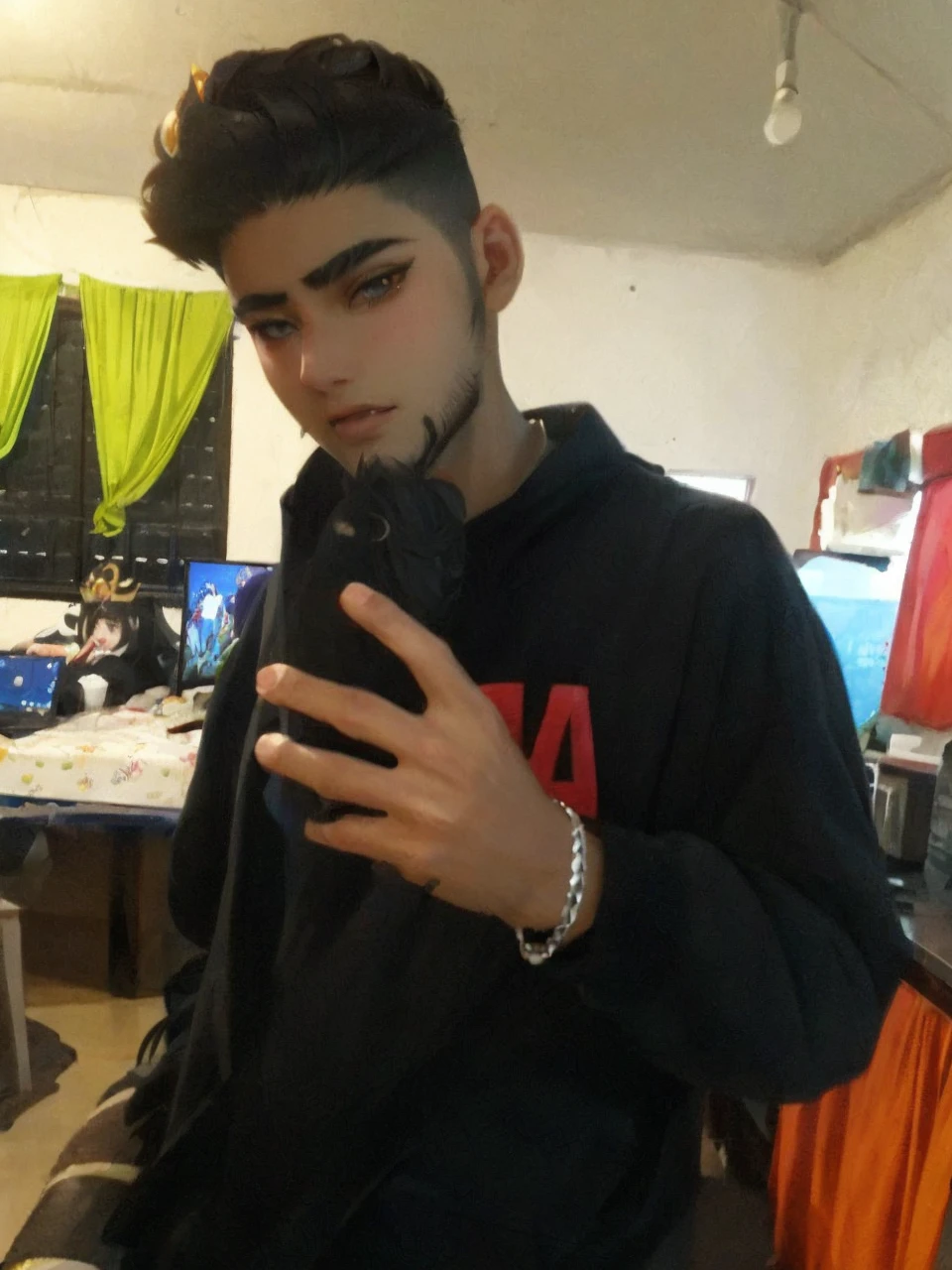 Anime boy with black hair and a crown on his head., Moe anime art style, cara de Ahegao, Ahegao, Kawaii realistic portrait, ig studios anime style, anime style portrait, anime waifu, discord profile picture, stylized anime, Retrato onmyoji, cute anime face, animated art style, visual anime of a cute boy, anime art style