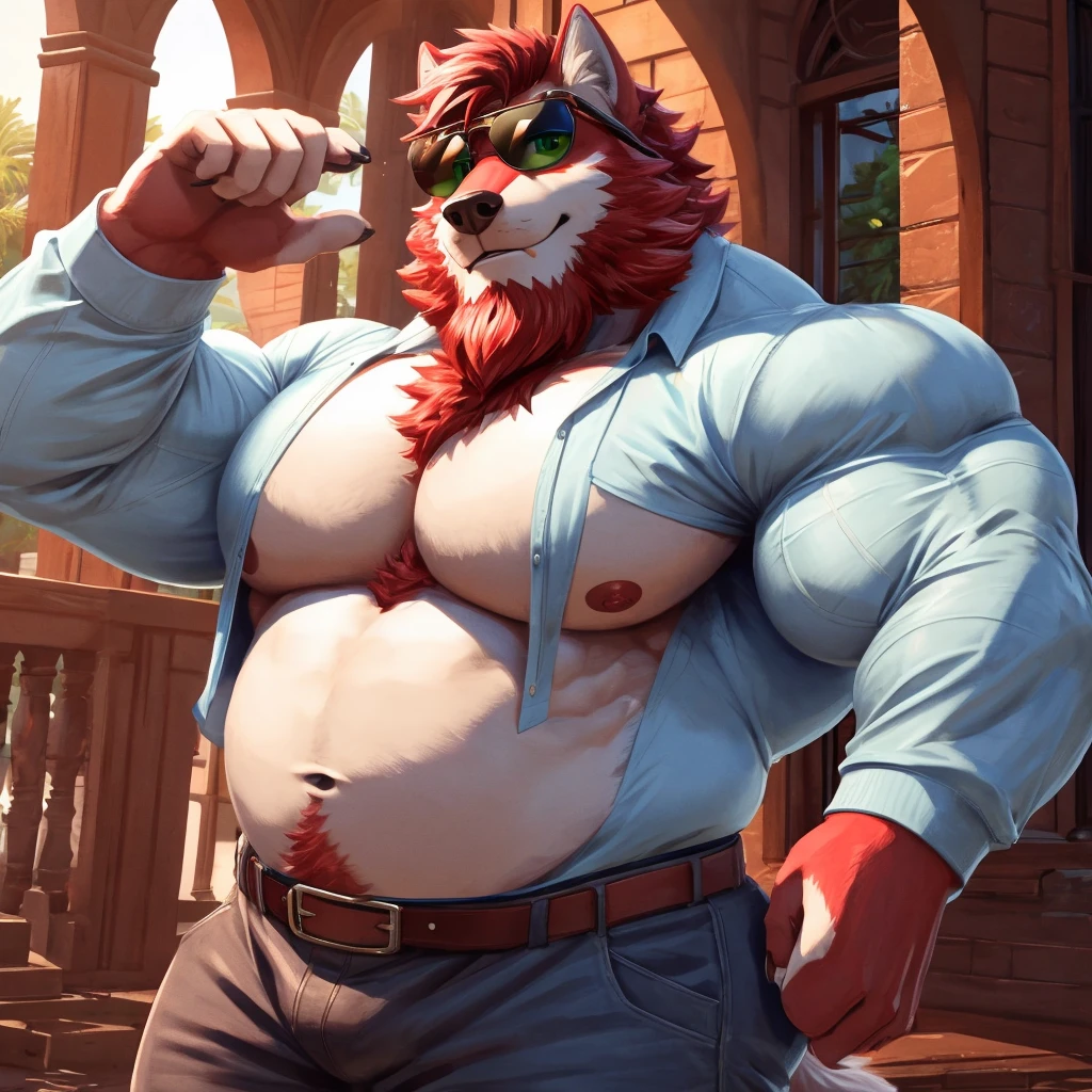 ((best quality)), ((masterpiece)), (Ultra detailed), ((4k)).
Anthro Wolf , Light Blue Fur , Red Color Short Hair , Red Color Beard , Handsone , Good Looking , Green Eyes ,(Eyes Details), Middle Ages , Huge Pecs , muscle Fat Belly , cute pose , sunglasses , Cruise
Long Sleeve Shirt , Thight long Pant ,