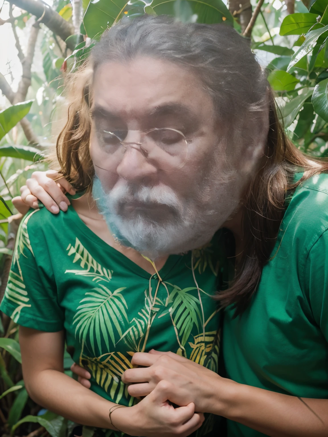 Man in a jungle with woman&#39;s body escaping from a big gorilla 