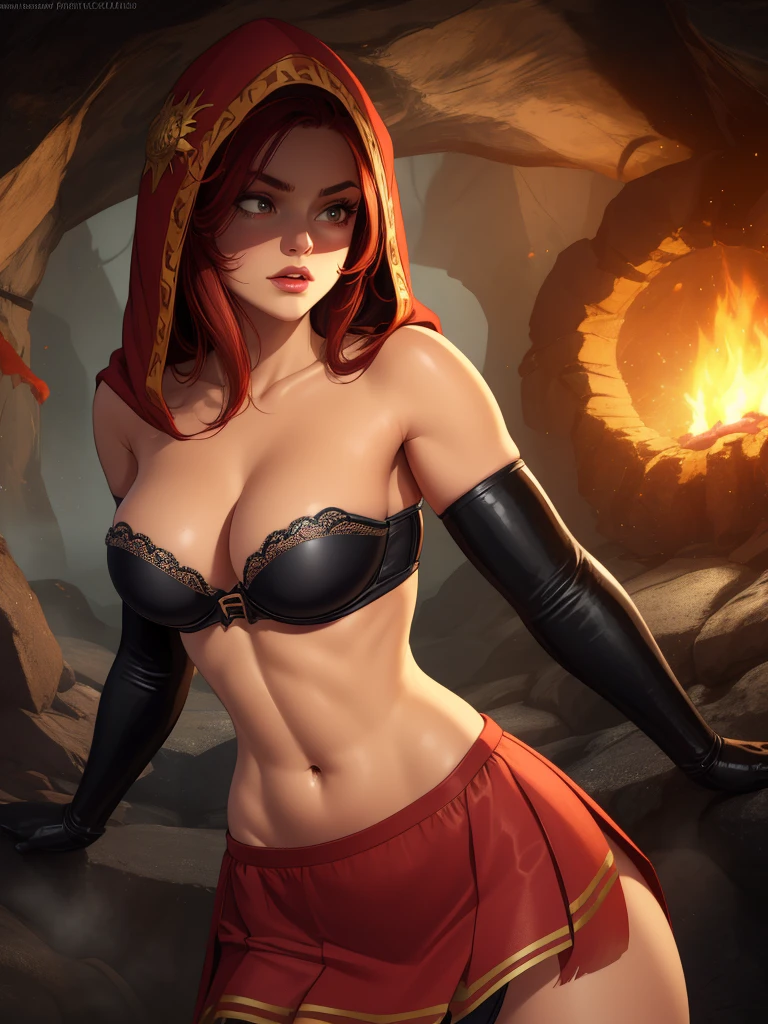 Dsorceress, redhair, shadowy face,dark cave, fire, hood, shadowed face, strapless bra, slim and athletic body, miniskirt, no panty, elbow gloves, dark skin, 1 girl (insanely detailed, masterpiece, best quality)