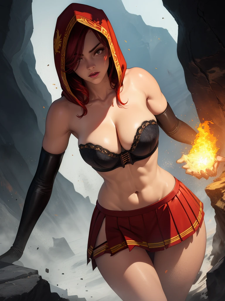Dsorceress, redhair, shadowy face,dark cave, fire, hood, shadowed face, strapless bra, slim and athletic body, miniskirt, no panty, elbow gloves, dark skin, 1 girl (insanely detailed, masterpiece, best quality)