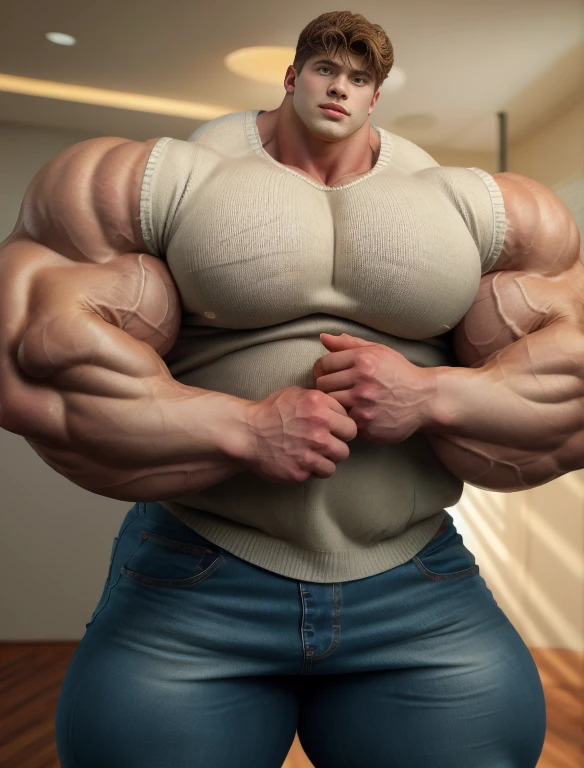 1boy, giant, giant bodybuilder, stand, illuminating light, strong body, bulk, large size, staring, standing, in the whiet photo studio, ivory sweater and jeans pants, prominent bulge, extraordinary big, brutalmass, giant, muscular body, bulk, buff, massive body, large meaty body size, extremely wide body