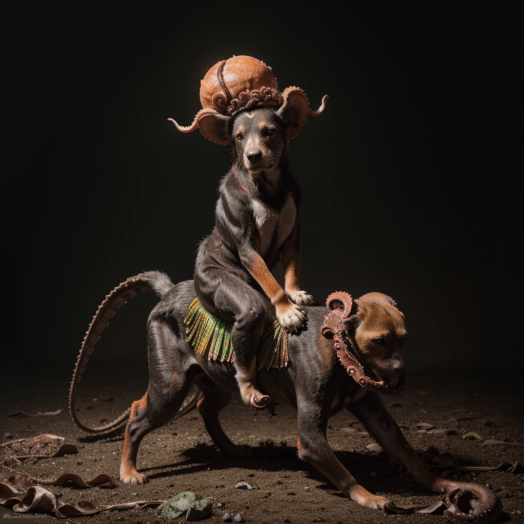 Fine Art, black-white-red-green, high contrast, National Geographic Foto: André Uhlisch - Art, , digital painting of a colorful old octopus with glowing legs, in a glittering dress and delicately arranged furry arms and dusty legs,riding on the head of a dog . recorded in the style of post-apocalyptic Fu