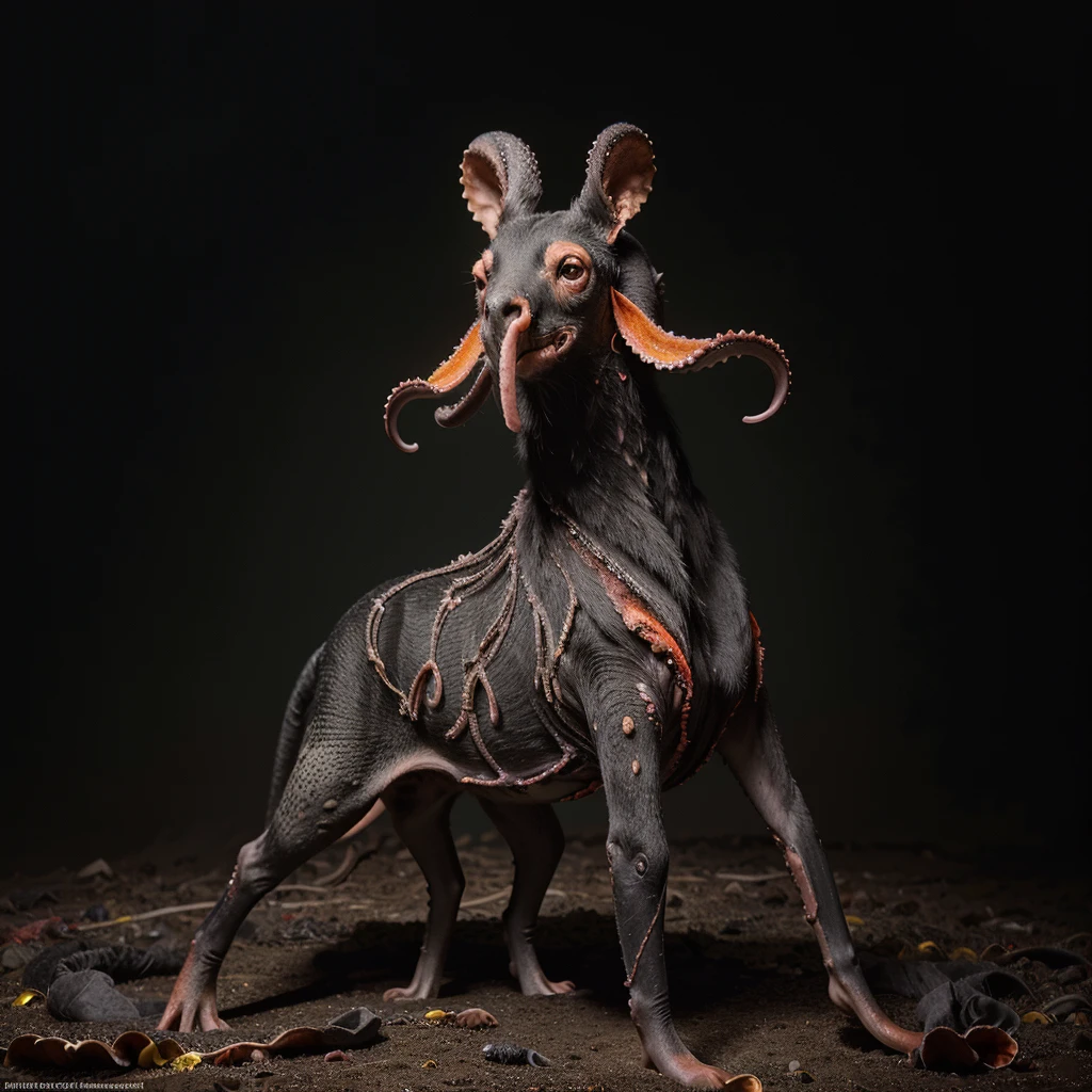 Fine Art, black-white-red-green, high contrast, National Geographic Foto: André Uhlisch - Art, , digital painting of a colorful old octopus with glowing legs, in a glittering dress and delicately arranged furry arms and dusty legs,riding on the head of a dog . recorded in the style of post-apocalyptic Fu