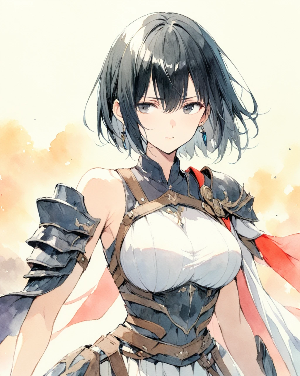 masterpiece, best quality, watercolor (medium), 1girl, breast, alone, short hair, split, Red and black hair, black eyes, earrings, Bangs, jewelry, skirt, bare shoulders, sleeveless, hair between eyes, 单pauldron, looking at the audience, large breast, armor, shoulder armor, sleeveless skirt, Upper body, single sleeve, white skirt, pauldron,