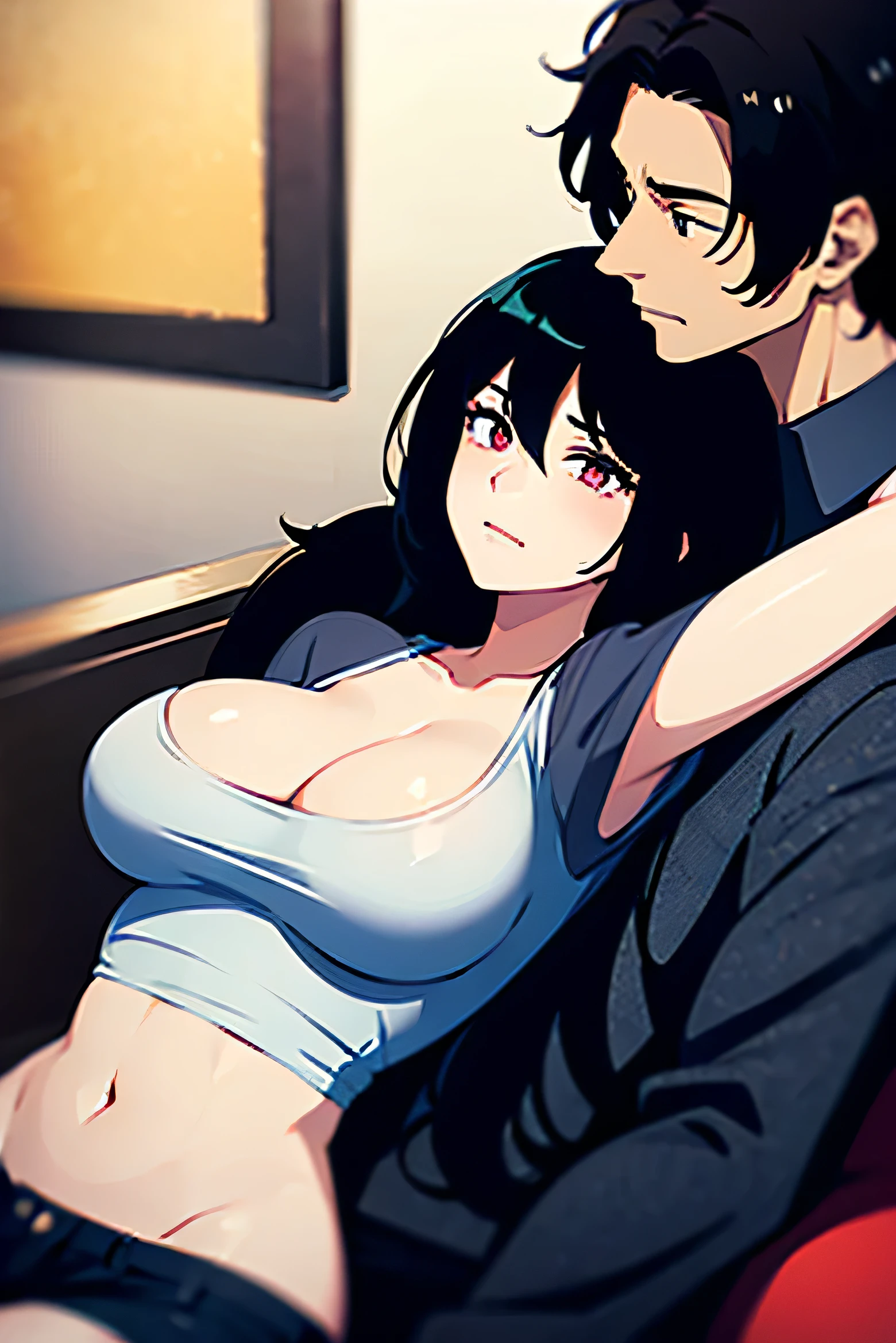 A man with messy black hair caresses his girlfriend's breasts.