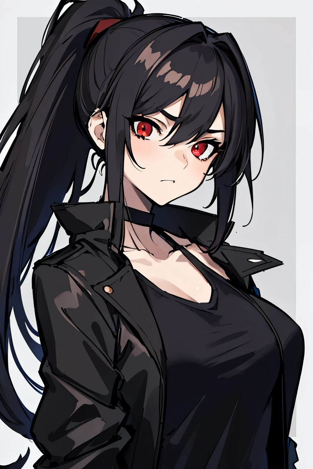 (masterpiece, best quality), 1girl, single character, female, young adult, straight face, stern, big breasts, dark red eyes, small eyes, black hair, ponytail, tomboy, black tank top, ((black outer jacket)), hangar, military base