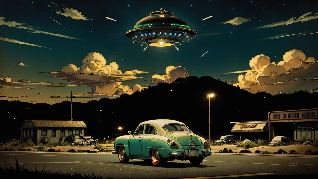 a ufo sighting in 1950s small town, UFO, flying saucer, ufo sighting, popping colors, contrast, detailed realistic cinematic scene, cinematic lighting, dramatic sky with clouds, abandoned vintage car, old-fashioned buildings, neon signs, 1950s era atmosphere, vibrant colors, hyper-realistic, 8k, ultra-detailed