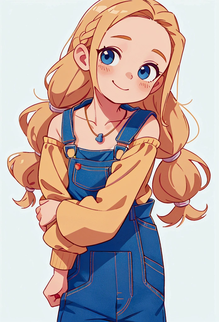 work of art, comely, 4K, detailded, details Intricate, , , overalls, jean overalls, cuffed overalls, hair blonde, long blonde braids, long flowing braids, soft blue eyes, soft smiling, slightly-smile, 1 girl, wearing no shirt, overalls over skin, bared shoulders, bare sleeves, bare arms, breasts small, Flat Breast, neckleace, neckleace behind overalls, virado para a frente, sidecut, torso shown, leaning forward, bottom blouse, neckleace