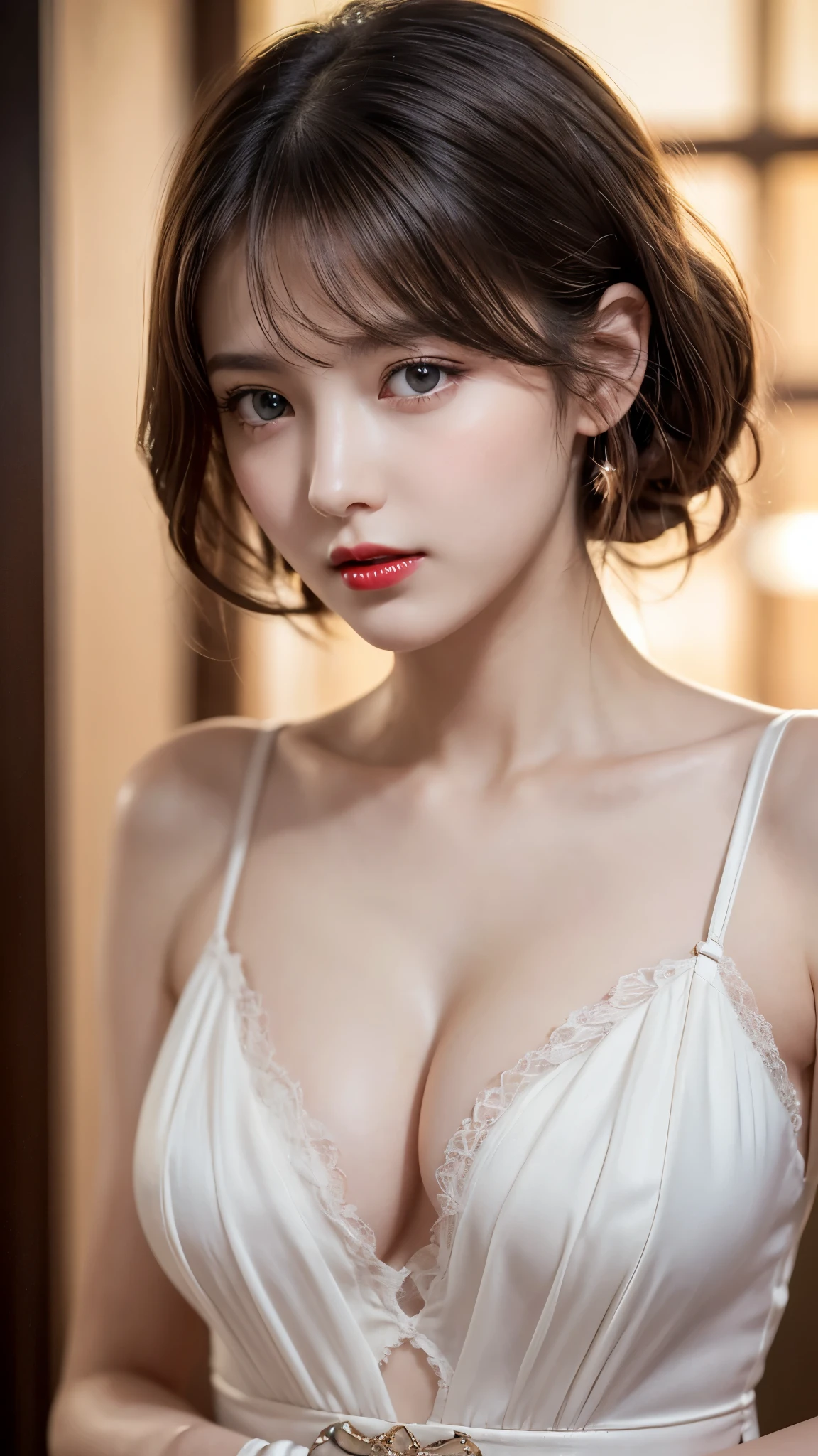(Best quality,8k,high resolution,masterpiece:1.2),Digital Artwork, A girl,Delicate face,Delicate eyes,Dark brown hair,Straight Hair,Shining amber eyes,Red lips,Suspenders ,particle,dust,Slightly blush,shy,in love,looking at affectionately,(HD skin),,Shallow depth of field,Warm colors,Two-color light