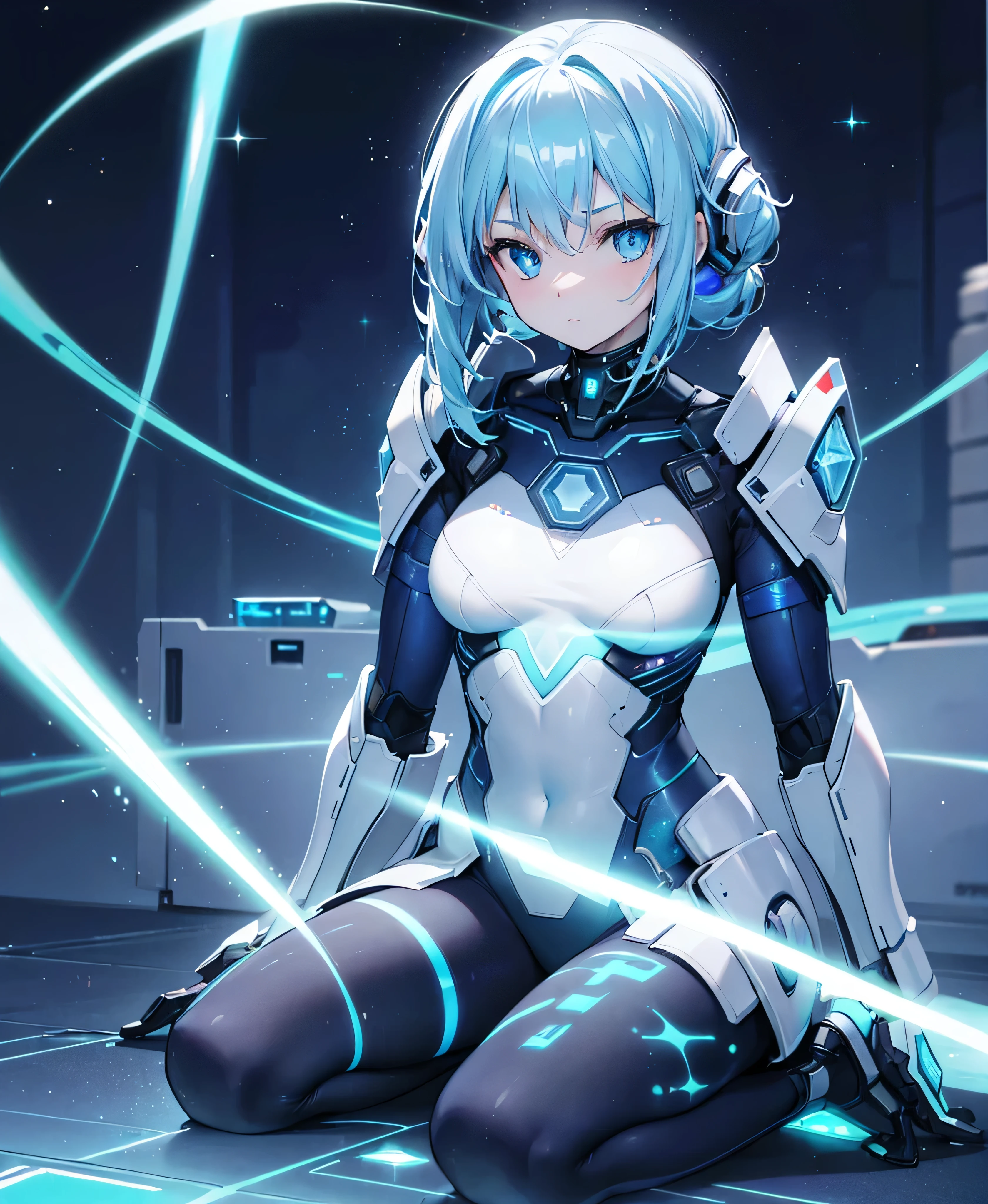 ((Holographic glow effect)),8k, Highest quality, (real:1.4), Original photo, 1 girl, Asari Hair, Biological Amplifier, refined armor, posture: Peace talks between warring factions, smart blue eyes,whole body