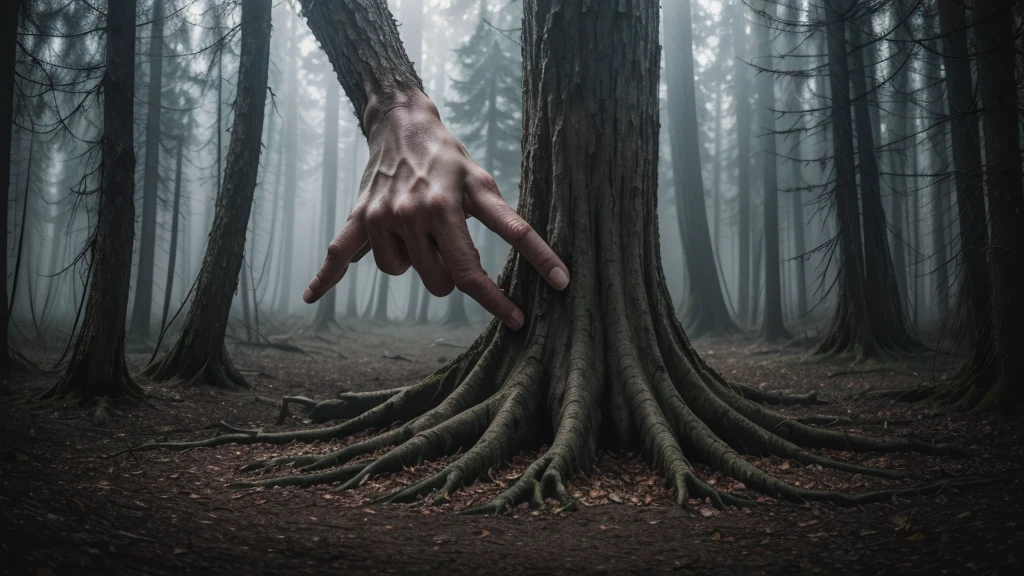 A gnarled tree trunk stands tall amidst a forest, its branches reaching out towards a gray sky. A human arm and hand, with fingers extended outward, grasp the rough texture of the tree bark, as if reaching for something beyond the frame. The arm and hand, appearing discolored and aged, give the image a haunting, almost ghostly, atmosphere.