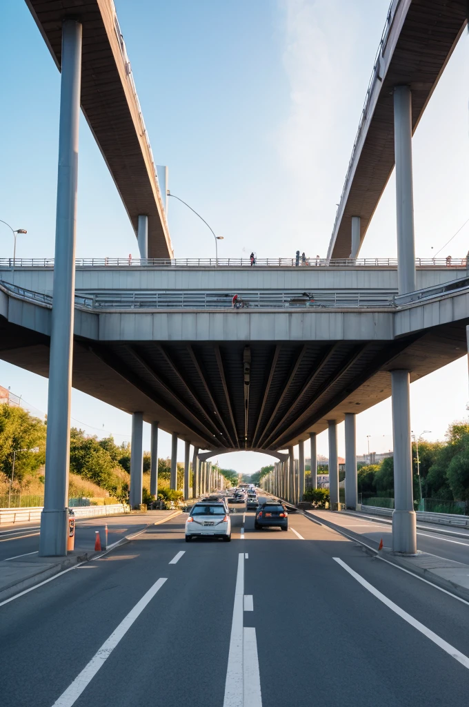 A pedestrian bridge with cars passing underneath