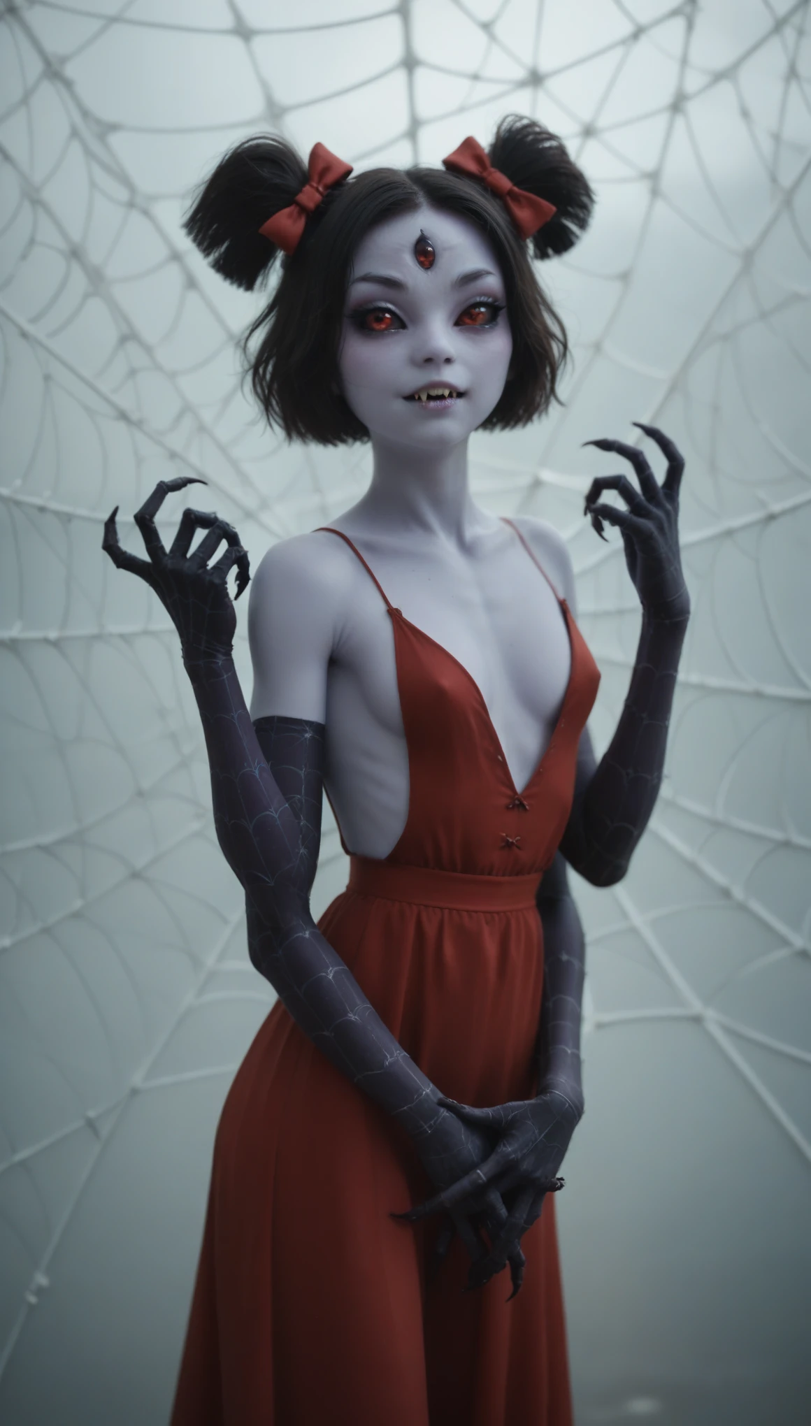 (zPDXL2), score_9, score_8_up, score_7_up, source_anime, 2d,
highres, sharp focus, ((intricate details)), highly detailed, HD quality, (best quality), ((masterpiece)), vibrant colors, 1girl,muffet, monster girl, ((purple body:1.3)), humanoid, arachnid, anthro, ((fangs)), long braided hair, 5 eyes, spider girl, 6 arms, solo, clothed, 6 hands, detailed hands, ((spider webs:1.4)), red dress, armwear,
AissistXLv2, unaestheticXL_bp5, SimplePositiveXLv2, zPDXL2 PonyXLV6_Scores