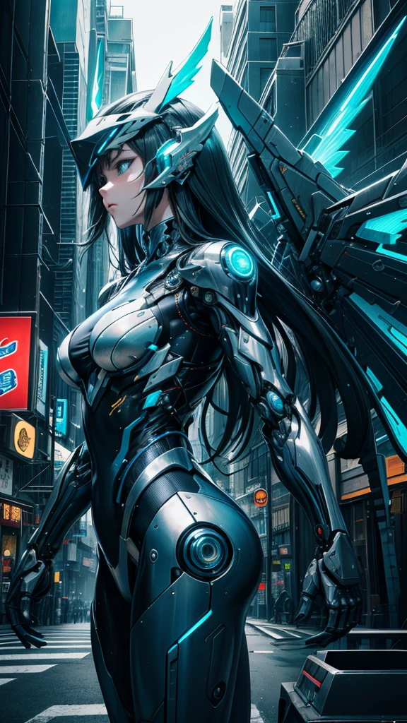 masterpiece、super elaborate、top-quality、Ultra-detail、very detailed illustration、ighly detailed、intricate-detail、hight resolution、super complex details、Highly detailed 8k CG wallpapers、Caustics、Reflectors、Ray traching、1girl in:1.4)、solo、alone、(Blue_theme:1.3)、(greys_theme:1.3)、(mecha musume、machine components、Robot Joint、echanical arms、mechanical legs、head gear、Complex mechanical bodysuit、Mechanical Energy Winechanical wings、Electromechanical parts、Cyber Parts、robotics、 Dynamics)、(gown)、Very long hair、Aoi hair、 blue eyess、radiant eyes、Eye trajectory、random facial expression、TOKYOcty(shibuya)、City、Night time、Sateen、((Neon light、Blue Neon Light))、(Detailed background、City、Building Street、Green grass)、((masterpiece))、absurderes、nffsw、(Classic Headshot Pose)、cyberpunkcity、masterpiece、hight resolution、A detailed、