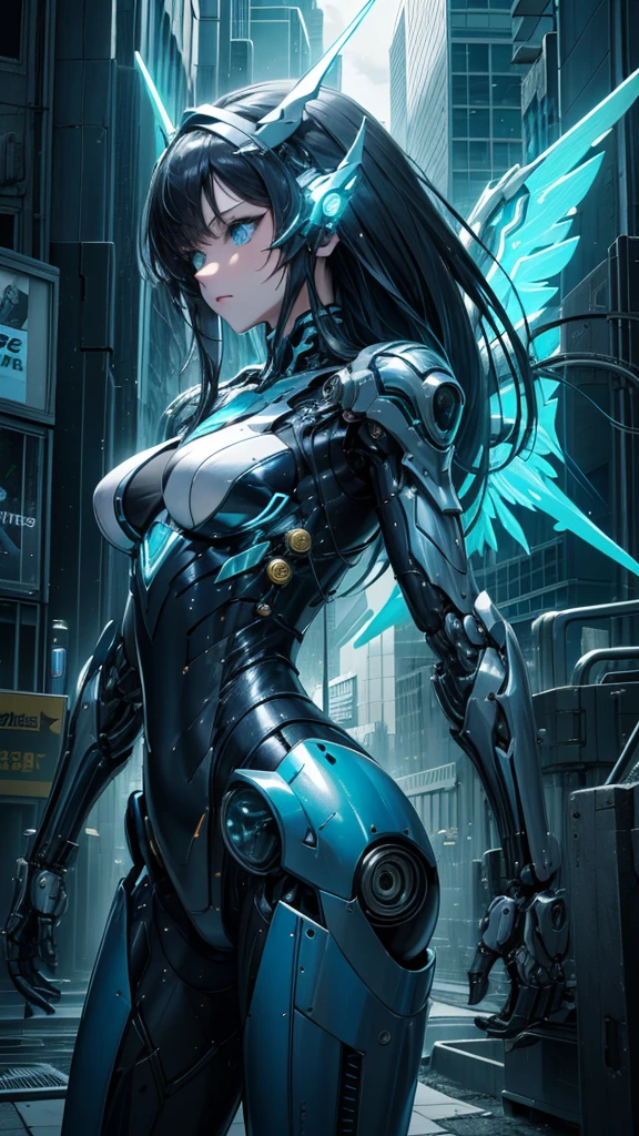 ​masterpiece、super elaborate、top-quality、Ultra-detail、very detailed illustration、ighly detailed、intricate-detail、hight resolution、super complex details、Highly detailed 8k CG wallpapers、Caustics、Reflectors、Ray traching、1girl in:1.4)、solo、alone、(Blue_theme:1.3)、(greys_theme:1.3)、(mecha musume、machine components、Robot Joint、echanical arms、mechanical legs、head gear、Complex mechanical bodysuit、Mechanical Energy Winechanical wings、Electromechanical parts、Cyber Parts、robotics、 Dynamics)、(gown)、Very long hair、Aoi hair、 blue eyess、radiant eyes、Eye trajectory、random facial expression、TOKYOcty(shibuya)、City、Night time、Sateen、((Neon light、Blue Neon Light))、(Detailed background、City、Building Street、Green grass)、((​masterpiece))、absurderes、nffsw、(Classic Headshot Pose)、cyberpunkcity、​masterpiece、hight resolution、A detailed、