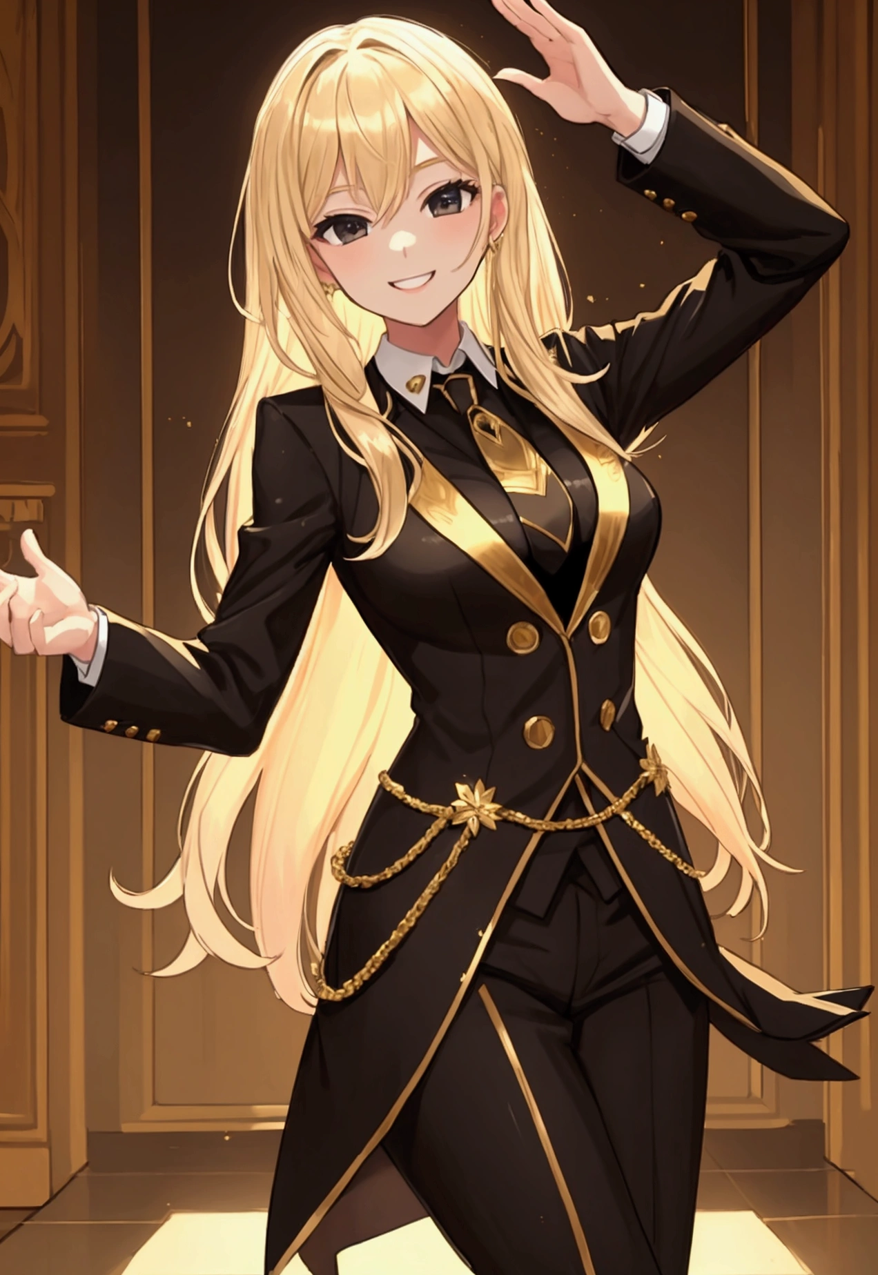 Young, blonde haired girl, medium breasts, black and gold suit and tie, at dance, smiling, smile
