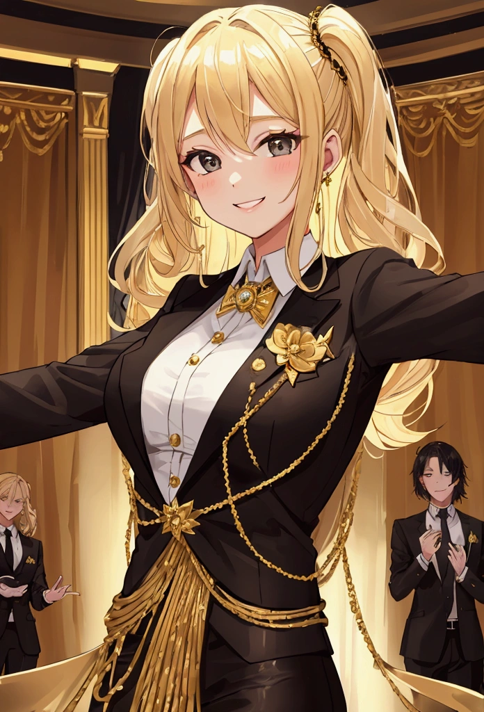 Young, blonde haired girl, medium breasts, black and gold suit and tie, at dance, smiling, smile
