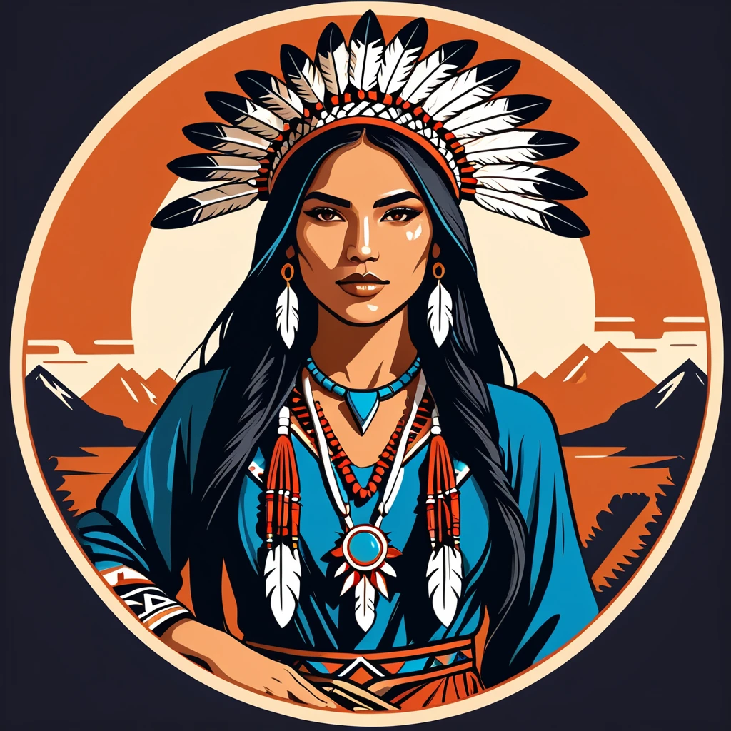 female mage in native american folk outfit, vector graphics, strong contours, logo design