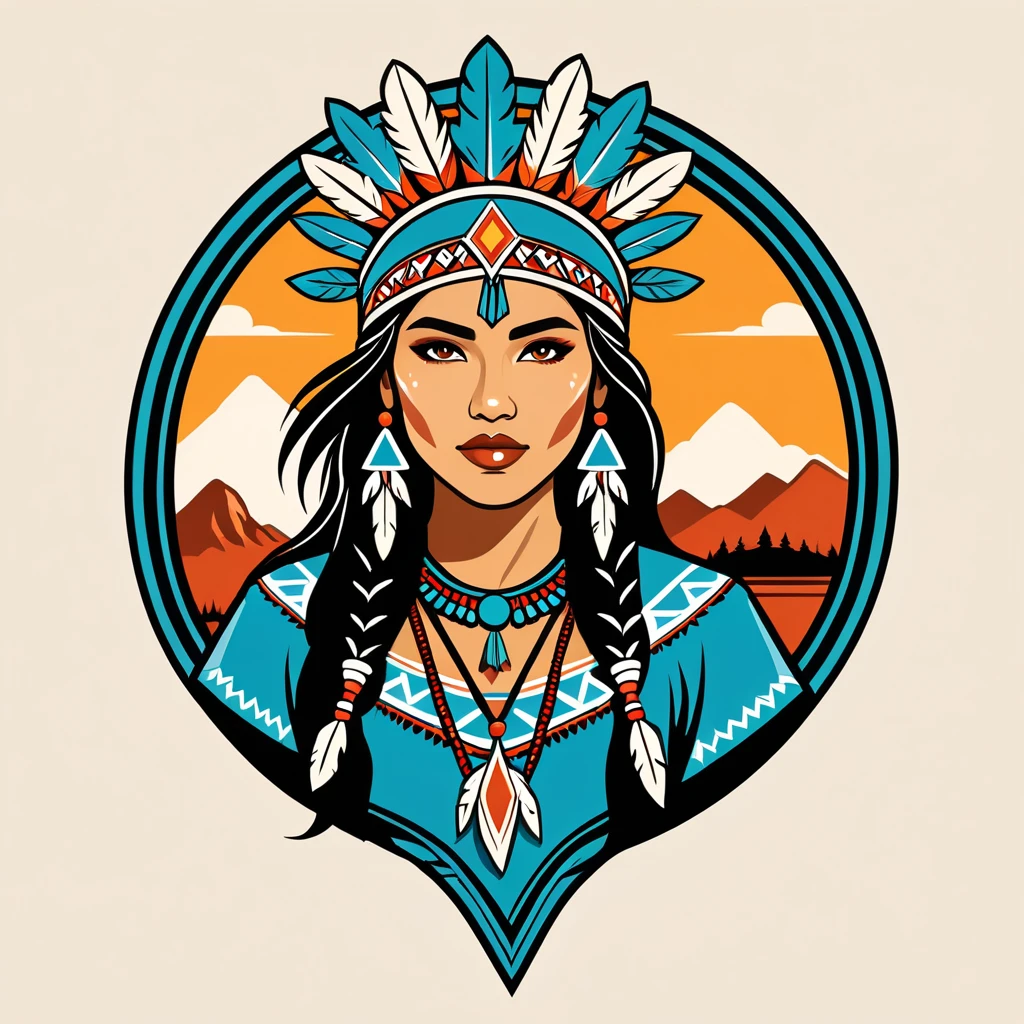 female mage in native american folk outfit, vector graphics, strong contours, logo design