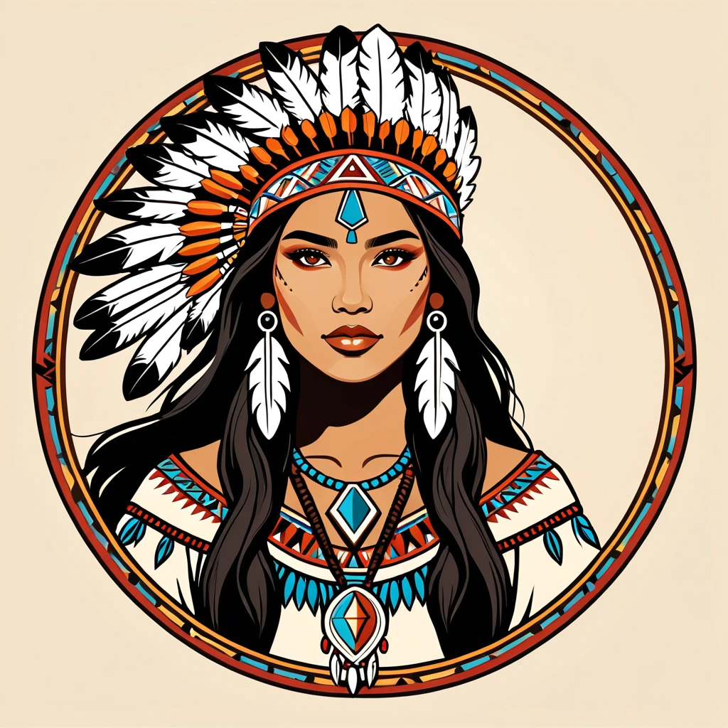 female mage in native american folk outfit, vector graphics, strong contours, logo design