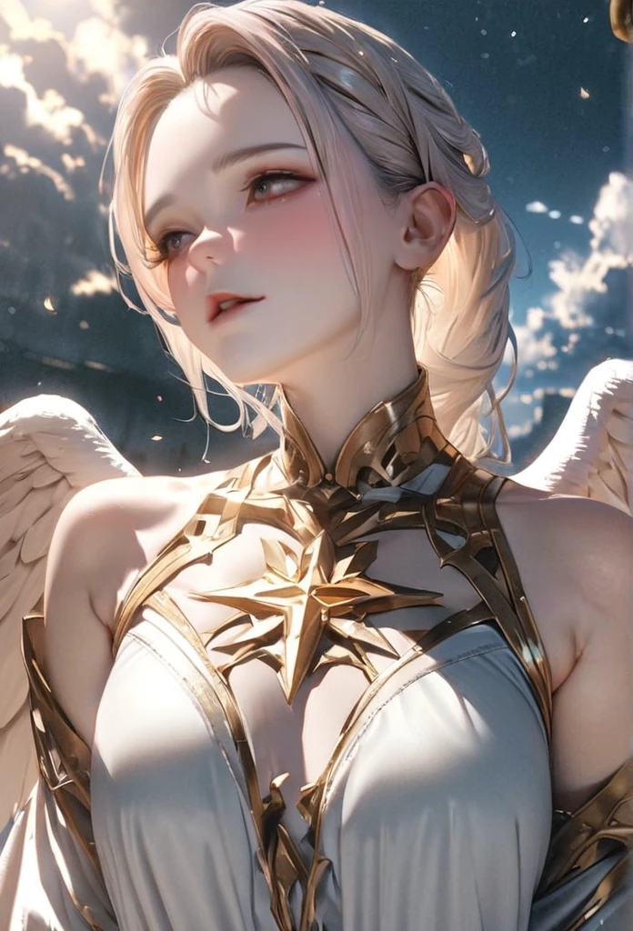 An angel in white robe and armor, There are three pairs of snow-white wings on its back, Holy Light, Heaven, Clouds, Divine atmosphere, UHD, textured skin, masterpiece, highres, anatomically correct, 16k, 1080P