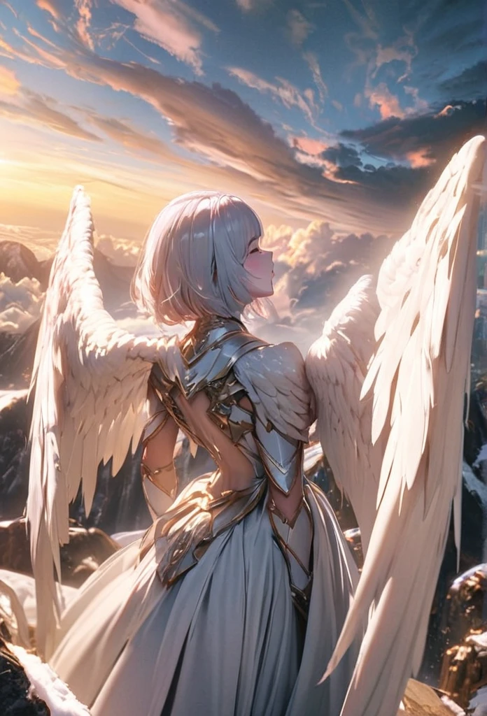 An angel in white robe and armor, There are three pairs of snow-white wings on its back, Holy Light, Heaven, Clouds, Divine atmosphere, UHD, textured skin, masterpiece, highres, anatomically correct, 16k, 1080P