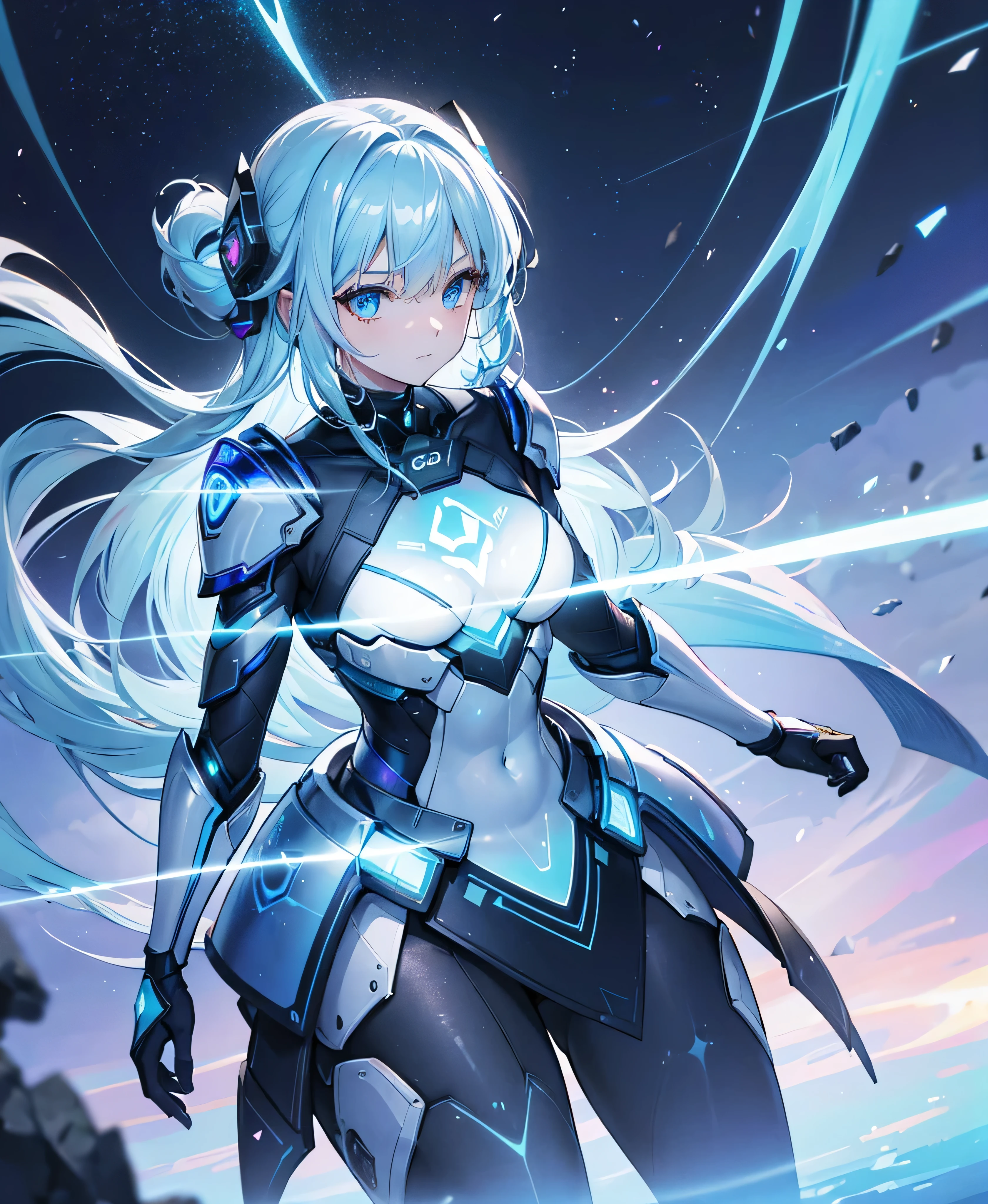 ((Holographic glow effect)),8k, Highest quality, (real:1.4), Original photo, 1 girl, Asari Hair, Biological Amplifier, refined armor, posture: Peace talks between warring factions, smart blue eyes,whole body,Vortex of Light,Band of Light,Wind of Light