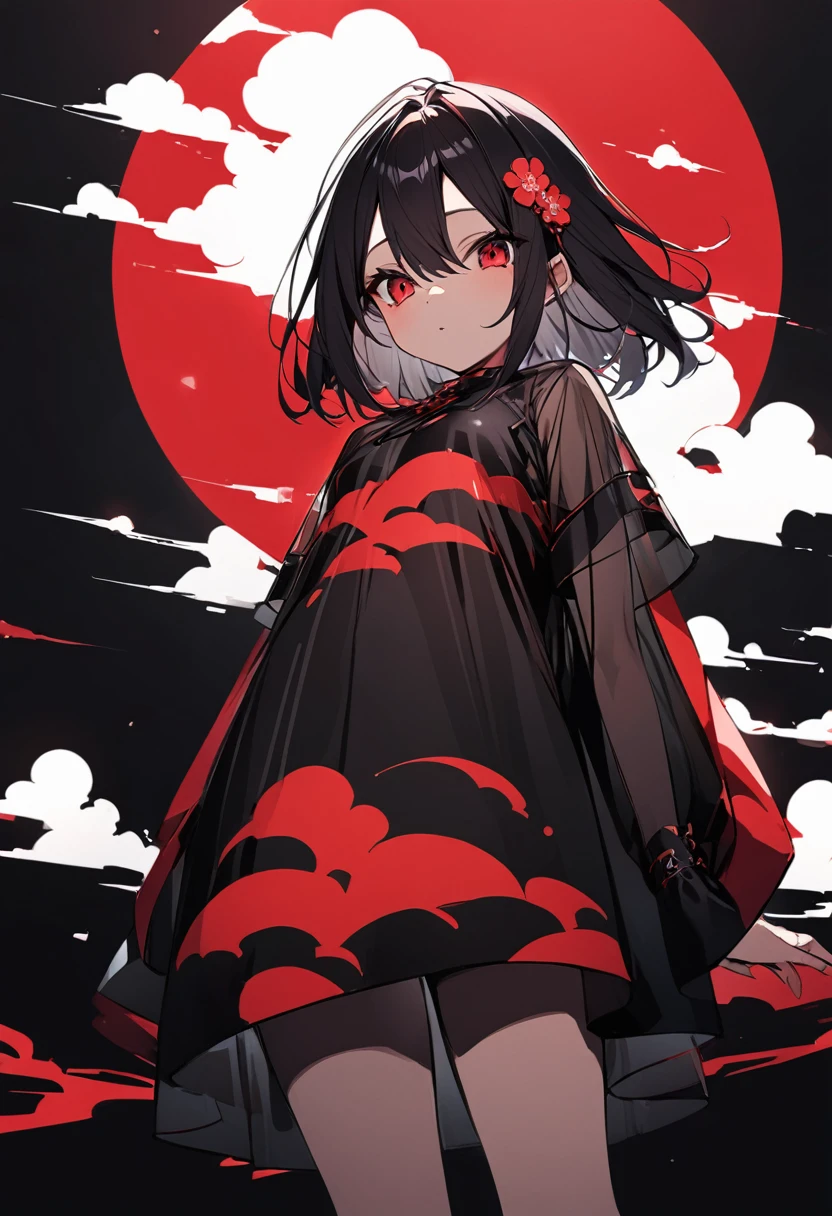 Girl with red cloud motif,Pitch black background,See-through garments,See-through body lines,See-through inner,Angle from below