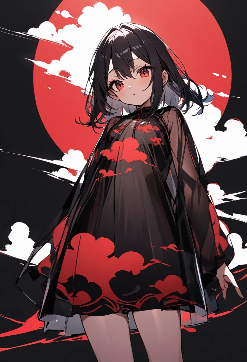Girl with red cloud motif,Pitch black background,See-through garments,See-through body lines,See-through inner,Angle from below