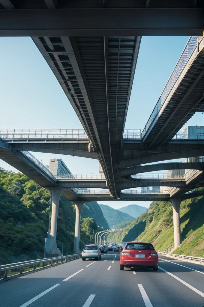 Pedestrian bridge with cars passing underneath, landscape orientation in anime tones