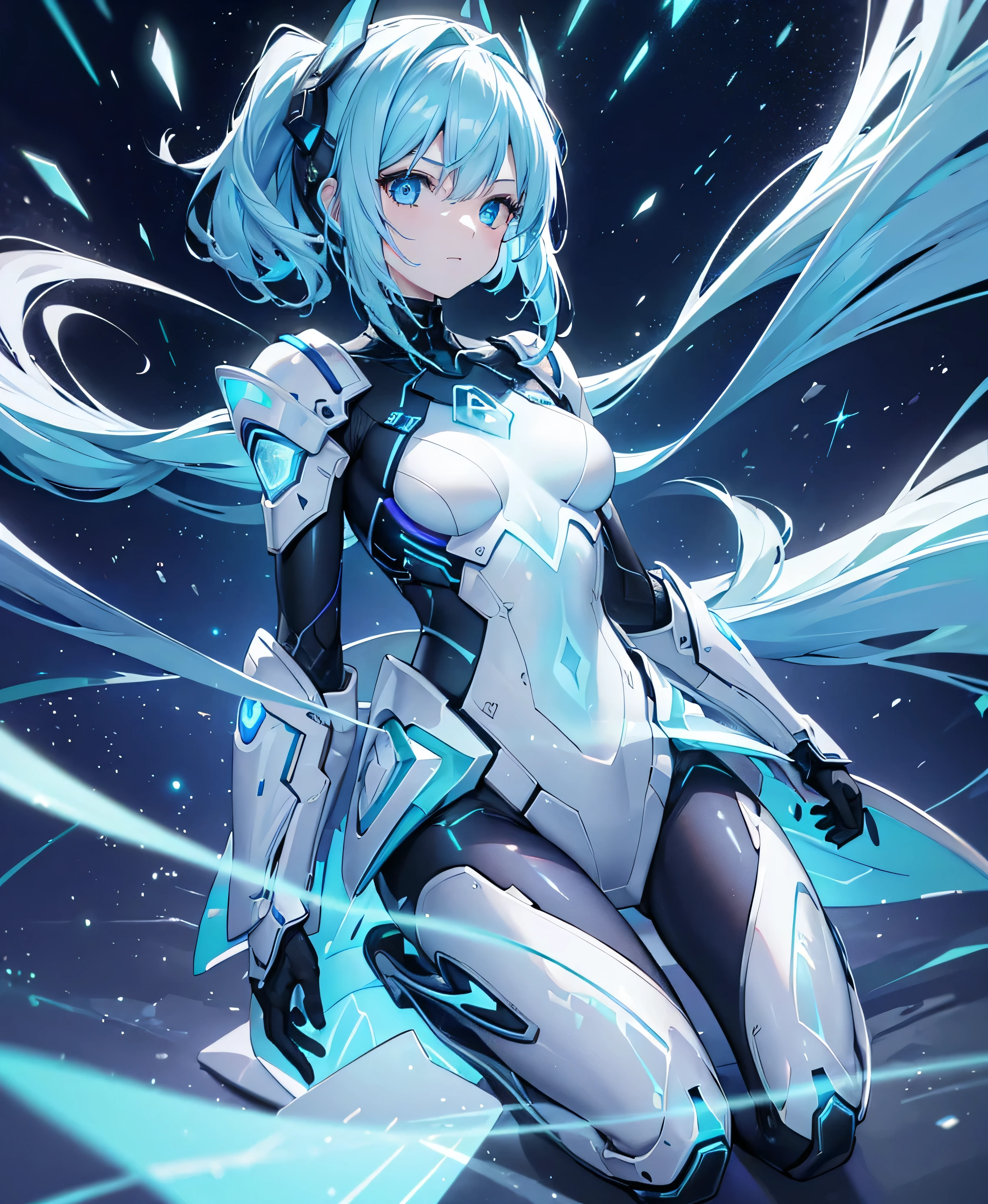 ((Holographic glow effect)),8k, Highest quality, (real:1.4), Original photo, 1 girl, Asari Hair, Biological Amplifier, refined armor, posture: Peace talks between warring factions, smart blue eyes,whole body,Vortex of Light,Band of Light,Wind of Light