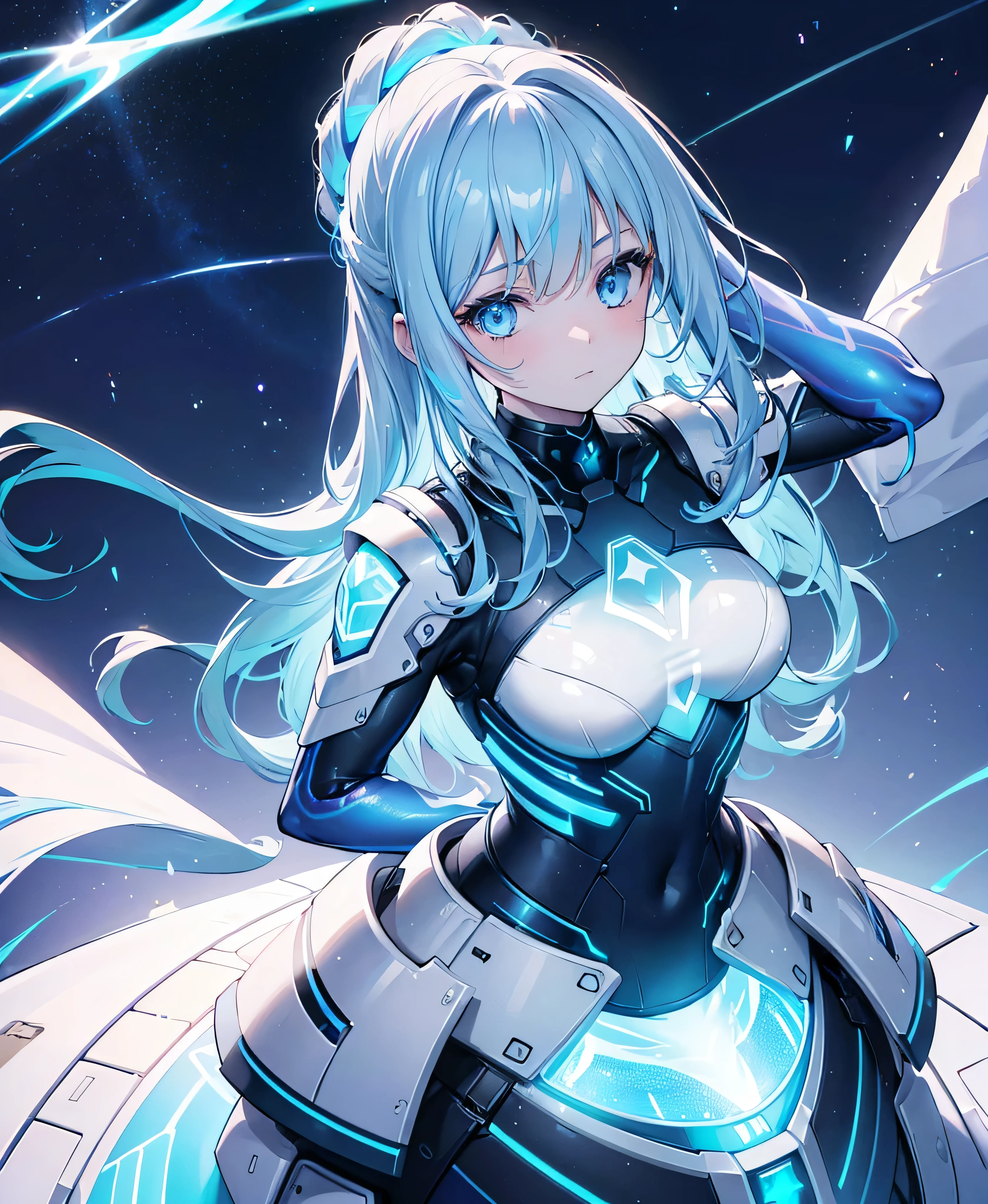 ((Holographic glow effect)),8k, Highest quality, (real:1.4), Original photo, 1 girl, Asari Hair, Biological Amplifier, refined armor, posture: Peace talks between warring factions, smart blue eyes,whole body,Vortex of Light,Band of Light,Wind of Light