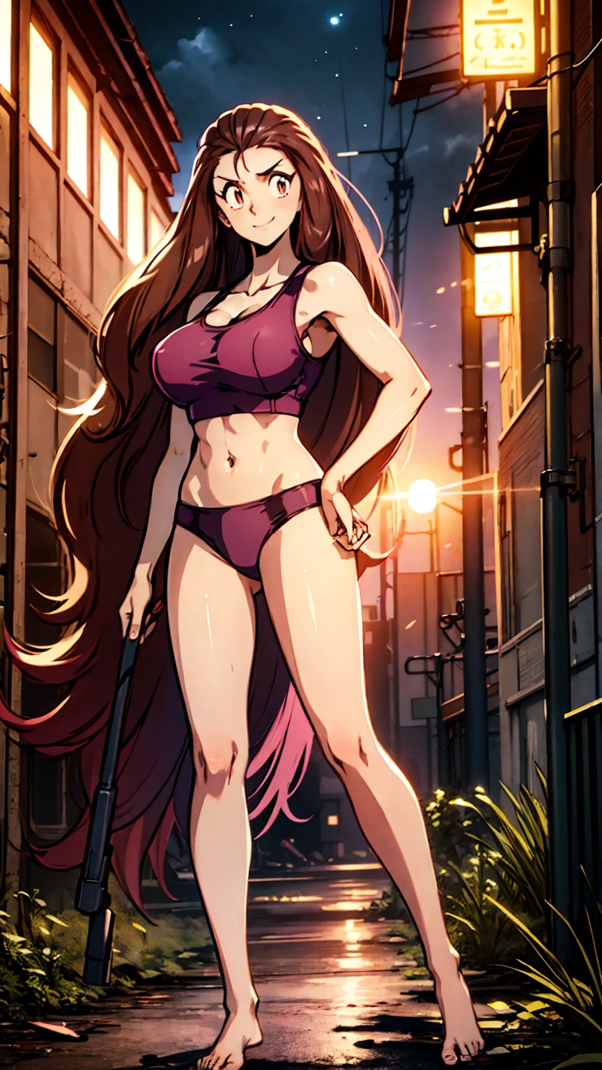 ((Masterpiece)), ((best quality)), very detailed, Detailed background, 1 woman, wavy brown hair, conjunctivitis, sly face , smile , tank top, pink panties , abdomen, big breasts , Long legs , stand on your hips... , Barefoot , abandoned factory, at night