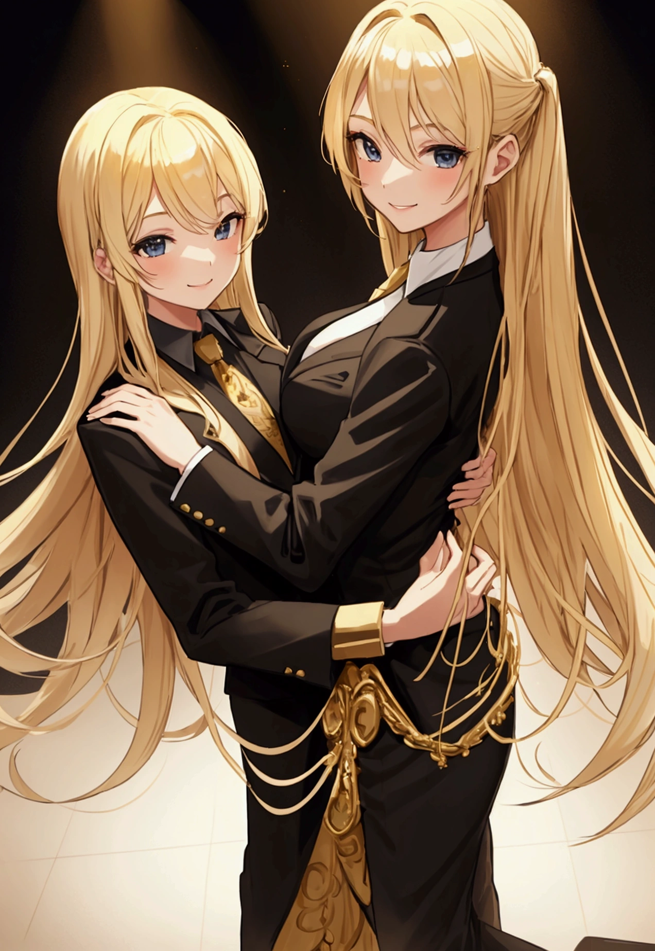 Young, blonde haired girl, medium breasts, black and gold suit and tie, at dance, smiling, smile
