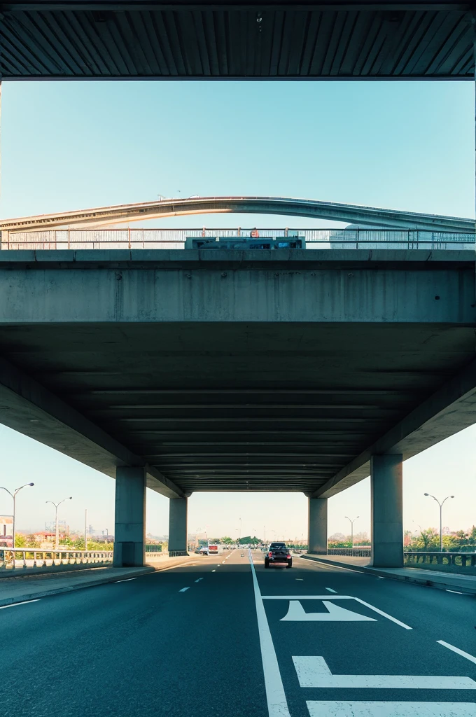 Pedestrian bridge with cars passing underneath, landscape orientation in anime tones