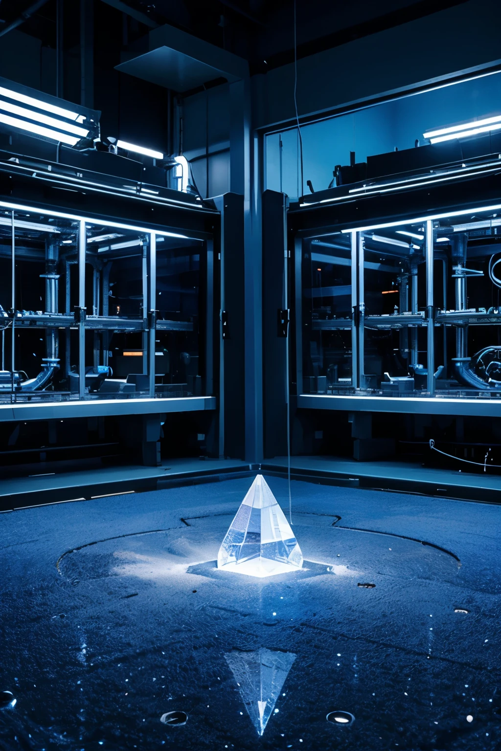 small technological factory producing pure crystals cool blue open space