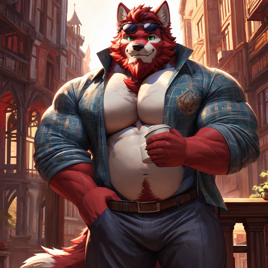 ((best quality)), ((masterpiece)), (Ultra detailed), ((4k)).

Anthro Wolf , Light Blue Fur , Red Color Short Hair , Red Color Beard , Handsone , Good Looking , Green Eyes ,(Eyes Details), Middle Ages , Huge Pecs , muscle Fat Belly , cute pose , sunglasses , Coffee

Long Sleeve Shirt , Thight long Pant , 