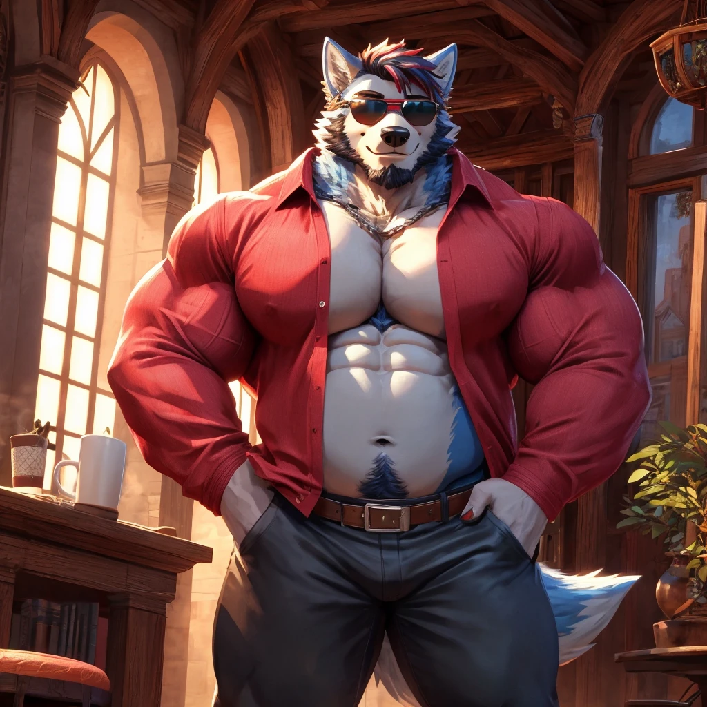 ((best quality)), ((masterpiece)), (Ultra detailed), ((4k)).

Anthro Wolf , Light Blue Fur , Red Color Short Hair , Red Color Beard , Handsone , Good Looking , Green Eyes ,(Eyes Details), Middle Ages , Huge Pecs , muscle Fat Belly , cute pose , sunglasses , Coffee

Long Sleeve Shirt , Thight long Pant , 