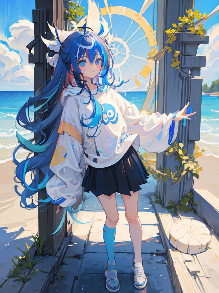 1girl, ahoge, wavy_hair, streaked_hair, absurdres, high res, ultrasharp, 8K, masterpiece, masterpiece, blue hair, multicolored hair, blue hair, white hair, blue eyes, heterochromia