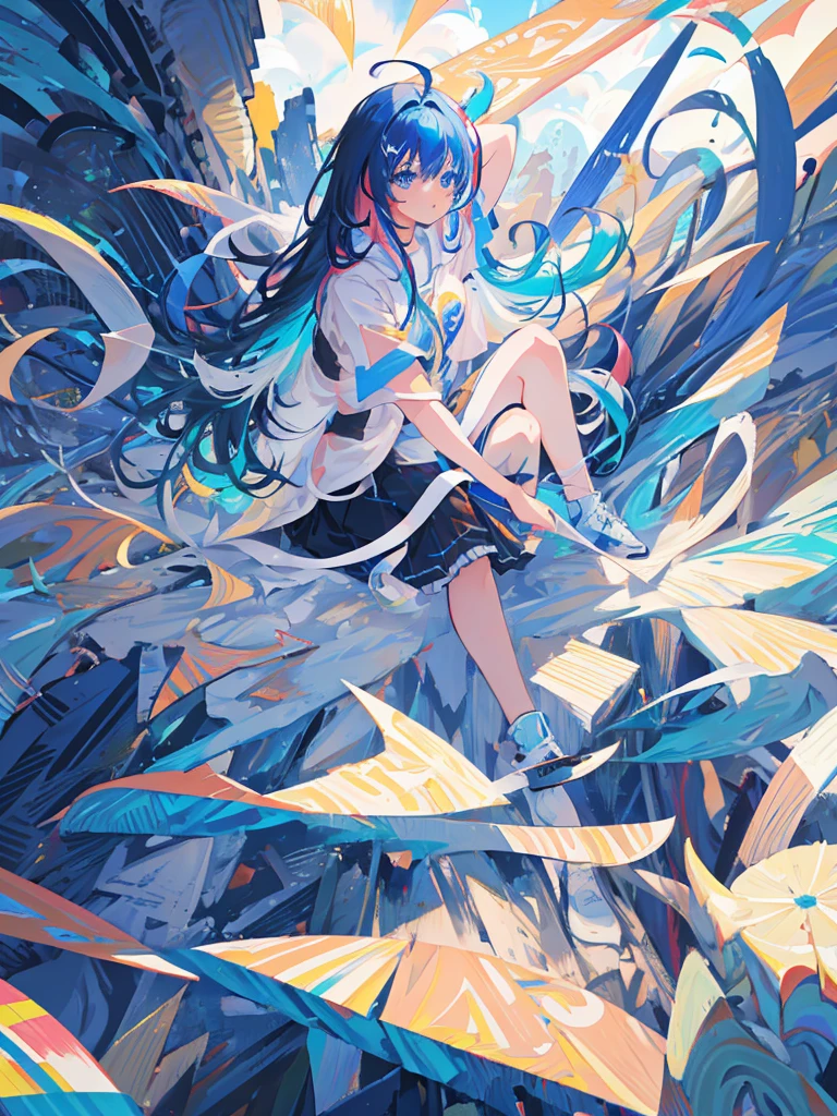 1girl, ahoge, wavy_hair, streaked_hair, absurdres, high res, ultrasharp, 8K, masterpiece, masterpiece, blue hair, multicolored hair, blue hair, white hair, blue eyes, heterochromia