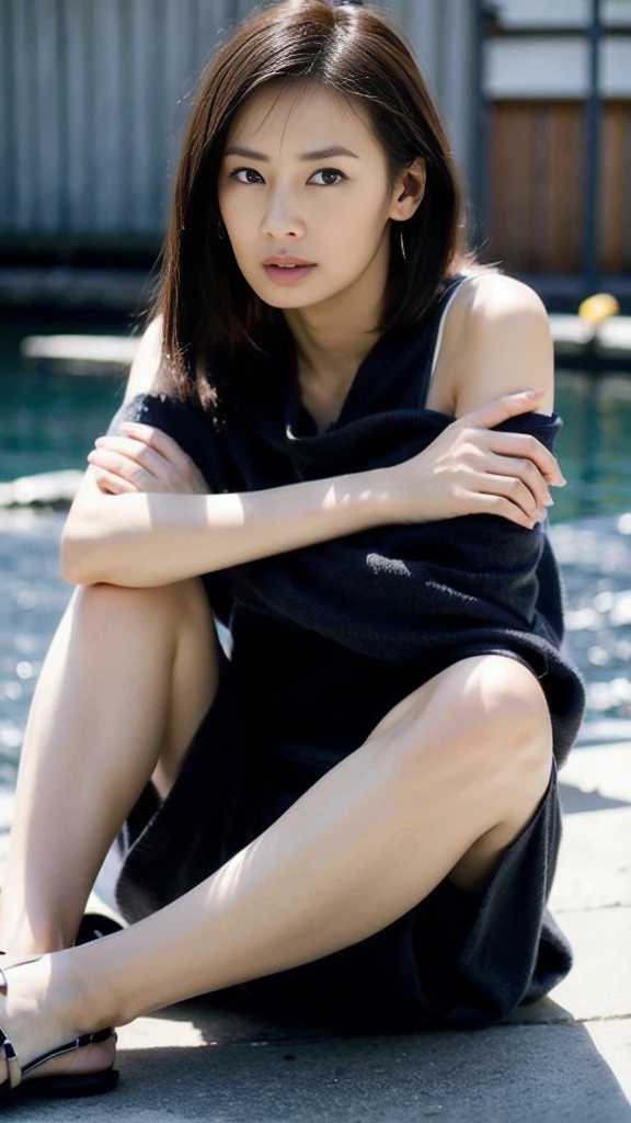 Highest quality, masterpiece, Ultra-high resolution, (Realistic: 1.4), RAW Photos, Single women, Brown black hair, Glowing Skin, Yotto Harbor, Dramatic lighting, Full nude body shot,