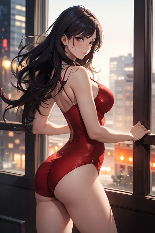 masterpiece, best quality, shadows, dynamic angle, front view, perfect hands, perfect legs, perfect anatomy, pretty face, mature features, 1 girl, 21 years old, mature woman, sexy red dress, city night background, white long hair, thighs, ass, breast, seductive, spicy, posing, cinematography lights,