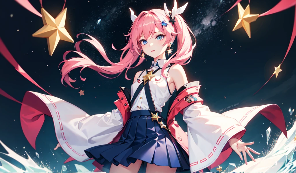 march 7th \(Honkai: star rail\), One girl, blue eyes, blue skirt, chest, Removable sleeves, Earrings, ice, jewelry, Long sleeve, medium chest, Medium Hair, Pink Hair, shirt, skirt, alone, star \(symbol\), star Earrings, white shirt,Hands out in front