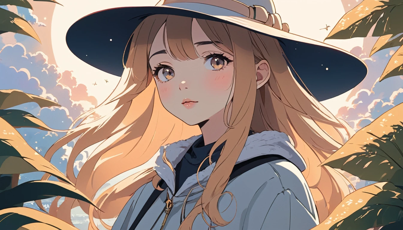 woman with hat、 Wide-angle lens, Lofi Anime, Lofi illustration, Aesthetic atmosphere, Lo-Fi Style, Vector art, Flat Design, Simple shape, Warm tones, Pleasant atmosphere, Chill, In anime style, Digital drawing, Vector art, Vector logo for t-shirt printing, (Adorable:1.5), (small:1.4), (Playful:1.2), (soft:1.3), (Whimsical:1.1), masterpiece, Highest quality, 8k, Intricate details, grow, Celestial, Mysterious, Picturesque, amazing, Majestic, Magic, Fantasy art, Cover art, dream-like